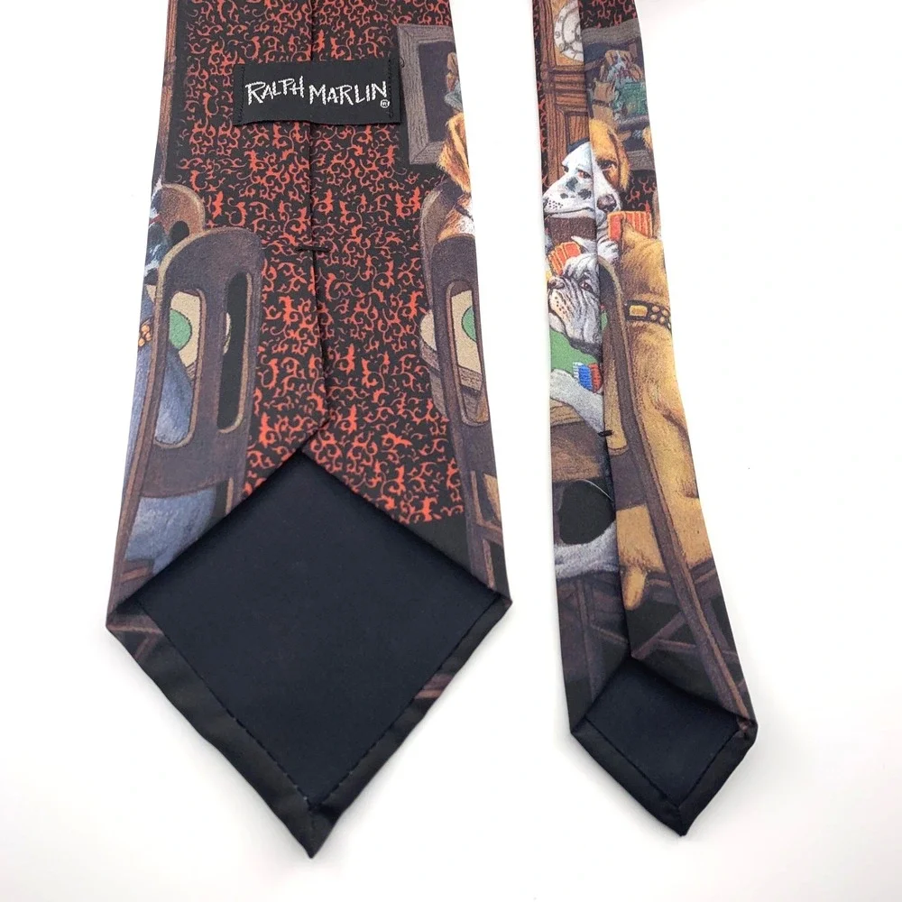 Vintage Ralph Marlin Mens Tie Black Dogs‎ Playing Poker Scene Poly Necktie USA